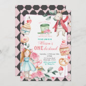 Onederland Tea Party Girl Birthday Invitation Kaart (Voorkant / Achterkant)