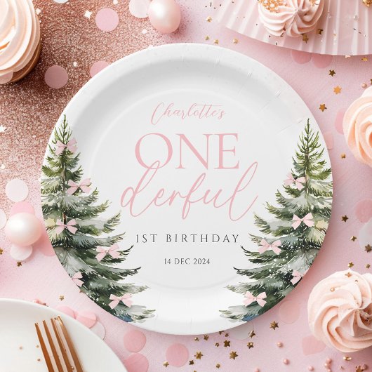 Onederland Winter Pink Bow 1st Birthday Papieren Bordje