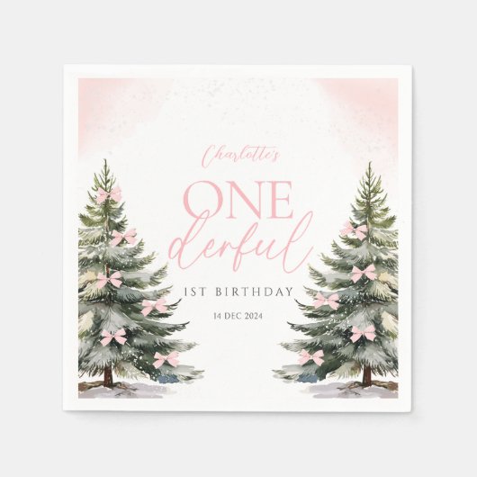 Onederland Winter Pink Bow 1st Birthday Servet (Voorkant)