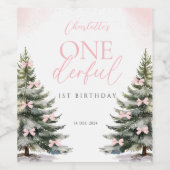 Onederland Winter Pink Bow 1st Birthday Wijn Etiket (Enkel label)