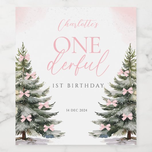 Onederland Winter Pink Bow 1st Birthday Wijn Etiket (Enkel label)