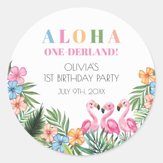 Onederland Zomer Tropische Flamingo 1e verjaardag Ronde Sticker (Voorkant)