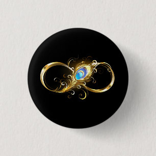 Oneindig met gouden pauwenveer ronde button 3,2 cm
