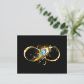 Oneindig met gouden pauwenveer save the date (Staand voorkant)