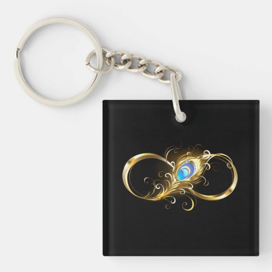 Oneindig met gouden pauwenveer sleutelhanger (voorkant)
