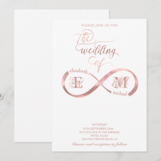 Oneindig roze goud romantische monogram kalligrafi kaart (Voorkant / Achterkant)