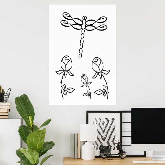 Oneindigheid Libel met Rozen Zwart en Wit Poster (Thuiskantoor)