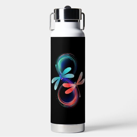 Oneindigheid met gloeiende libellen waterfles (Voorkant)