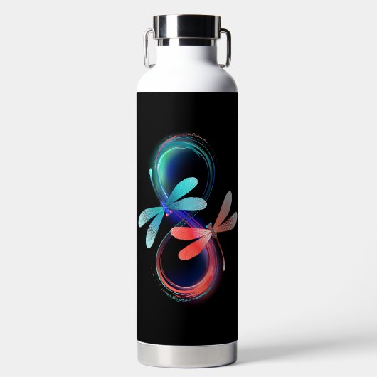 Oneindigheid met gloeiende libellen waterfles (Voorkant)
