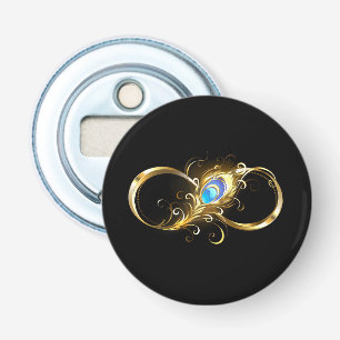 Oneindigheid met gouden pauwenveer button flesopener