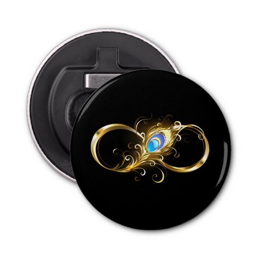 Oneindigheid met gouden pauwenveer button flesopener (Voorkant)