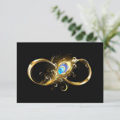 Oneindigheid met gouden pauwenveer save the date (Staand voorkant)