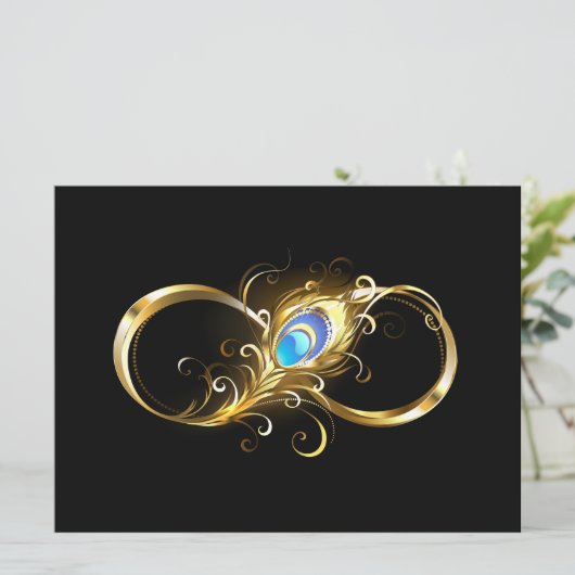 Oneindigheid met gouden pauwenveer save the date (Staand voorkant)