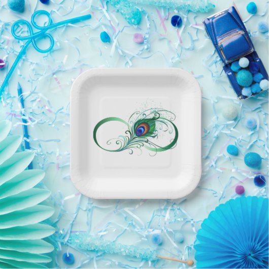 Oneindigheidssymbool met pauwenveer papieren bordje (Feest)