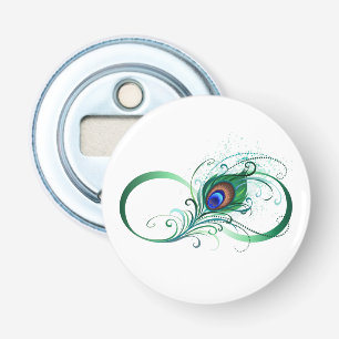 Oneindigheidssymbool met pauwveer button flesopener