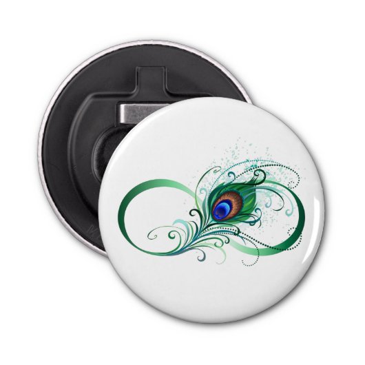 Oneindigheidssymbool met pauwveer button flesopener (Voorkant)