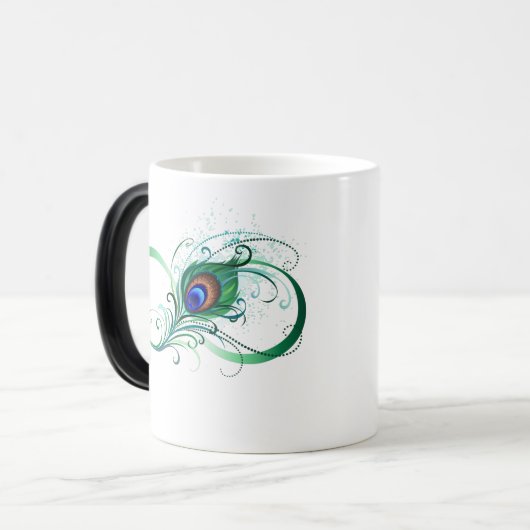Oneindigheidssymbool met pauwveer magische mok (Voorkant links)
