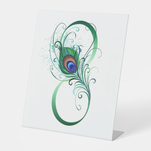 Oneindigheidssymbool met pauwveer reclamebord met voetstuk (Voorkant)