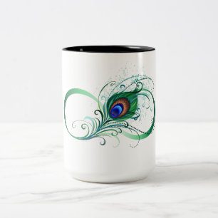 Oneindigheidssymbool met pauwveer tweekleurige koffiemok