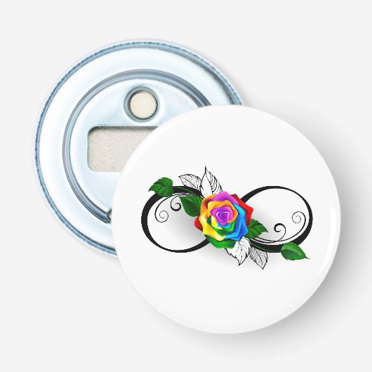Oneindigheidssymbool met regenboogroos button flesopener (Voorkant)