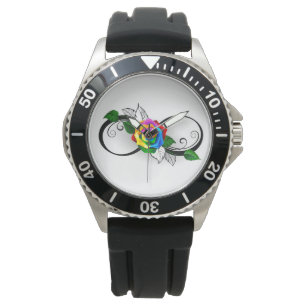 Oneindigheidssymbool met regenboogroos horloge