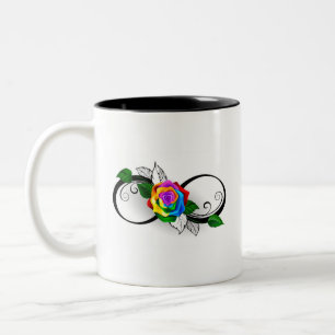 Oneindigheidssymbool met regenboogroos tweekleurige koffiemok