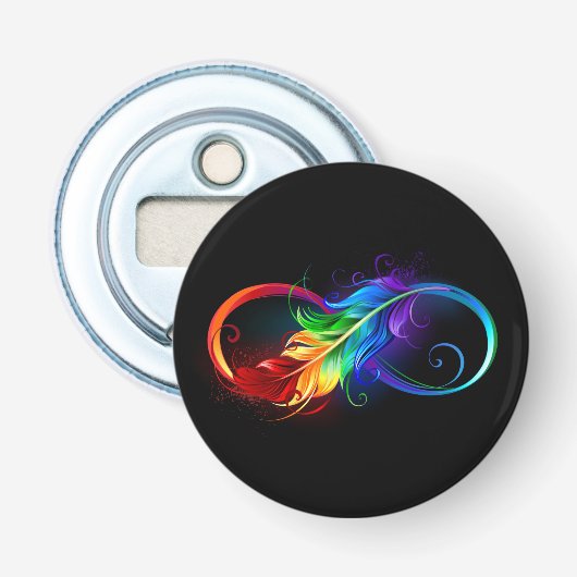 Oneindigheidssymbool met regenboogveer button flesopener (Voorkant)
