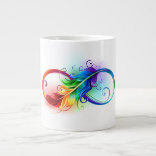 Oneindigheidssymbool met regenboogveer grote koffiekop