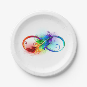 Oneindigheidssymbool met regenboogveer papieren bordje