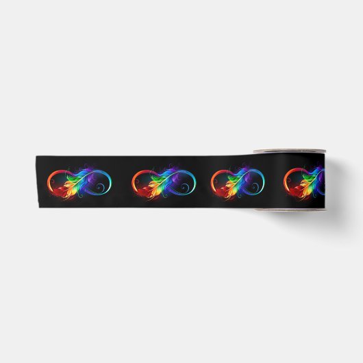 Oneindigheidssymbool met regenboogveer satijnen lint (Voorkant)