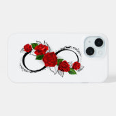 Oneindigheidssymbool met rode rozen iPhone 15 case (Achterkant horizontaal)
