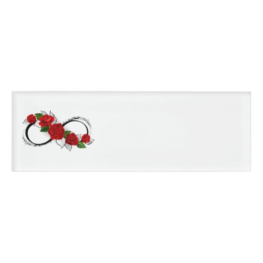 Oneindigheidssymbool met rode rozen naambadge (Voorkant)