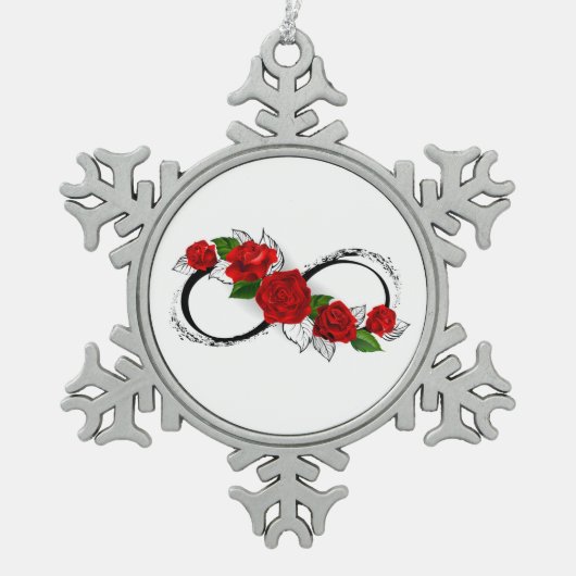 Oneindigheidssymbool met rode rozen tin sneeuwvlok ornament (Voorkant)
