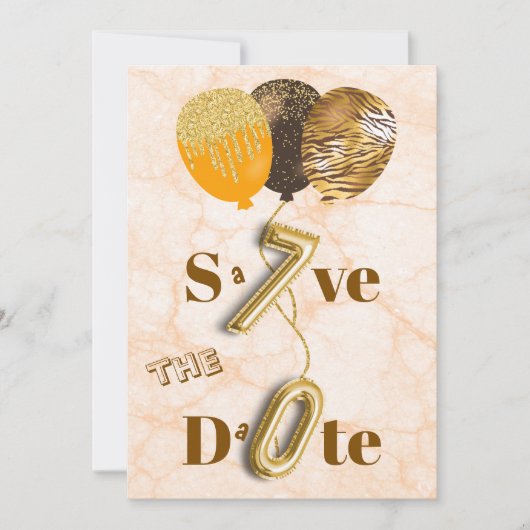 Ongebruikelijke 70e verjaardag glitter ballonnen e save the date (Voorkant)