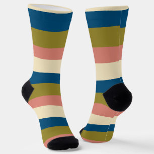 Ongelijke Strepen - Blauw, Olijfgroen, Roze en Crè Sokken