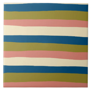 Ongelijke strepen - Blauw, Olijfgroen, Roze en Crè Tegeltje