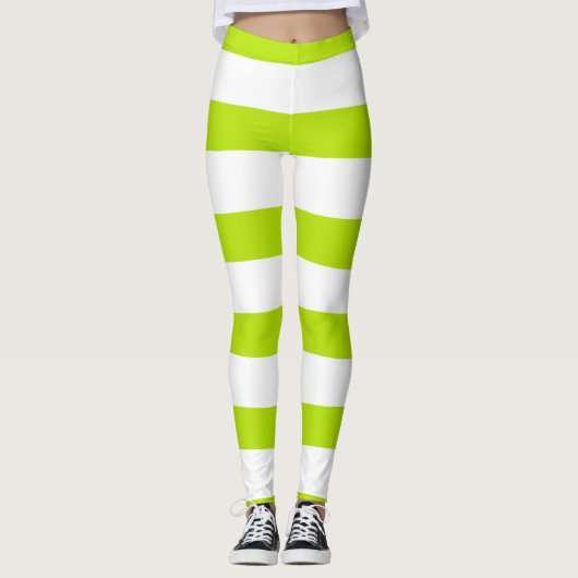 Ongelijke strepen in Lime Groen en Wit Leggings (Voorkant)