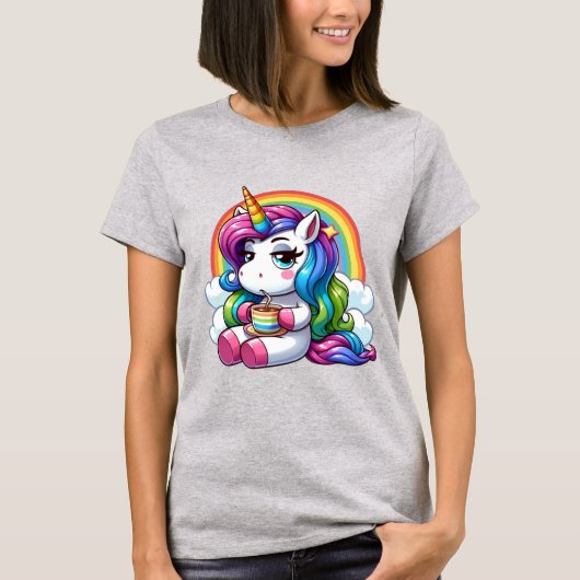 Ongeruste Eenhoorn Die Koffie Drinkt Onder Een Reg T-shirt (Voorkant)