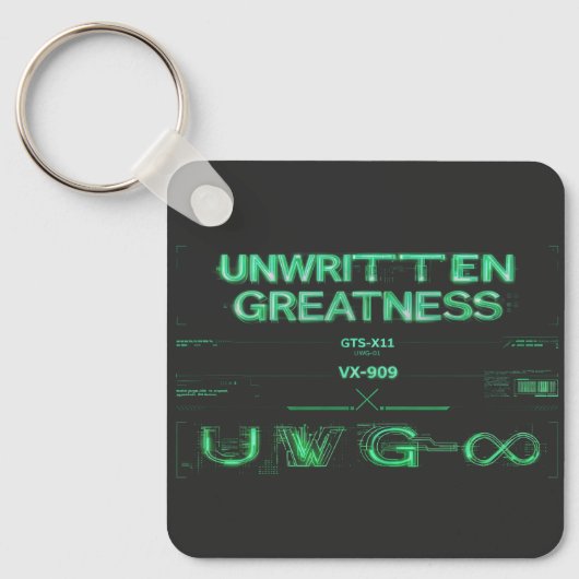 "Ongeschreven Grootheid" Cyberpunk Sleutelhanger (Voorkant)