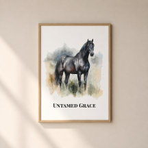 Ongetemde Gratie Zwarte Paard Aquarel Wandkunst  