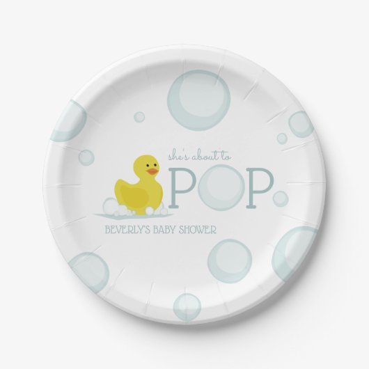 Ongeveer aan Pop Bubbles Rubber Duck Baby shower Papieren Bordje (Voorkant)