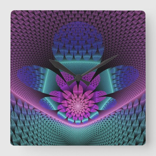 Ongewoon patroon Kleurrijke Fantasie Bloem Fractal Vierkante Klok (Voorkant)