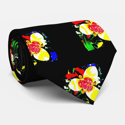 ongewoon zwart met geel en rood bloempatroon stropdas (Opgerold)