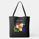ongewoon zwart met geel en rood bloempatroon tote bag (Achterkant)
