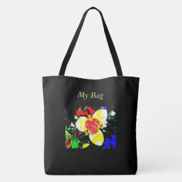 ongewoon zwart met geel en rood bloempatroon tote bag