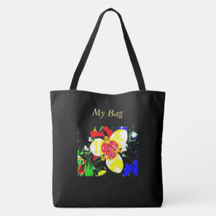 ongewoon zwart met geel en rood bloempatroon tote bag