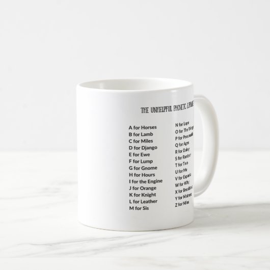 Onhandige Mok van fonetisch alfabet (Voorkant rechts)