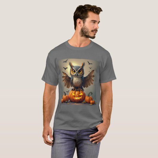 Onheilspellende uil met spookachtige pompoenen: Ha T-shirt (Voorkant volledig)