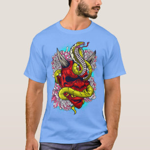 Oni Japanse Demon Rode Duivel Masker & Cobra Art P T-shirt