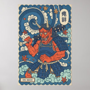 Oni Mask Posterprint - Grafische Japanse krijger Poster